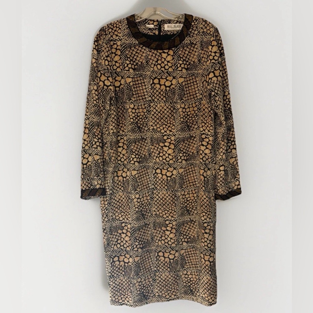 VTG Bill Blass Dress Beaded Collar Cuffs Snake Print Animal 100% Silk Sz 10